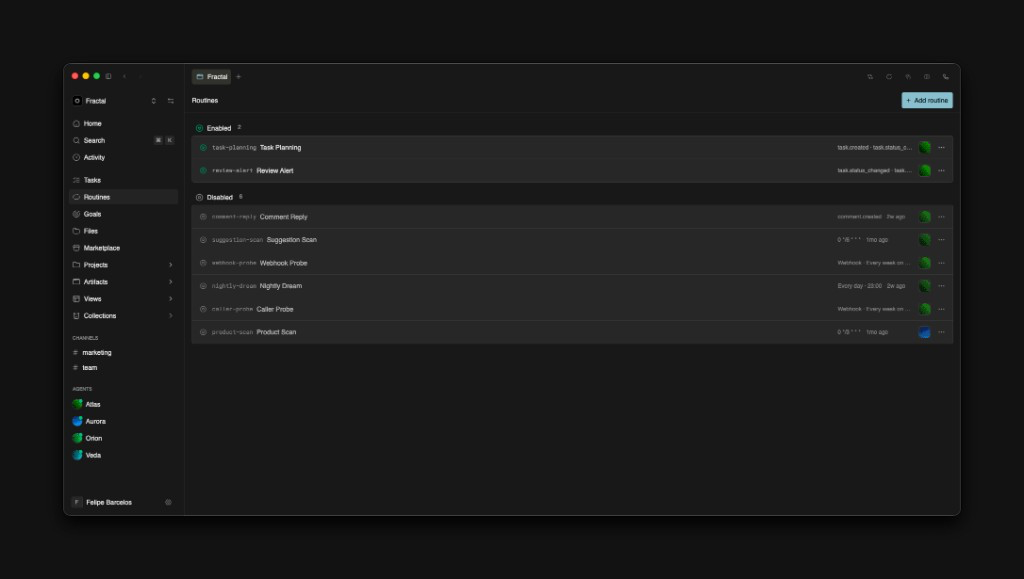 Routines list with activity, schedule, and webhook triggers