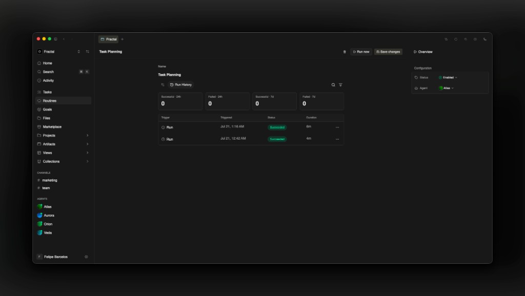 Task Planning run history with succeeded runs and agent assignment